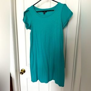 Teal Hatley T-Shirt Dress with Fringe detail on sleeve.